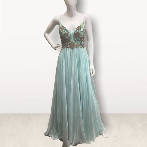 Mac Duggal Dresses & Skirts - Mac‎ Duggal Light Blue Embellished Tulle Evening Gown Lace Up Back Slit Dress